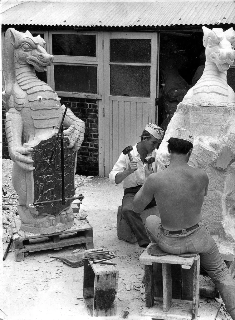 Roy and James Butler carving "the Queen's Beasts"