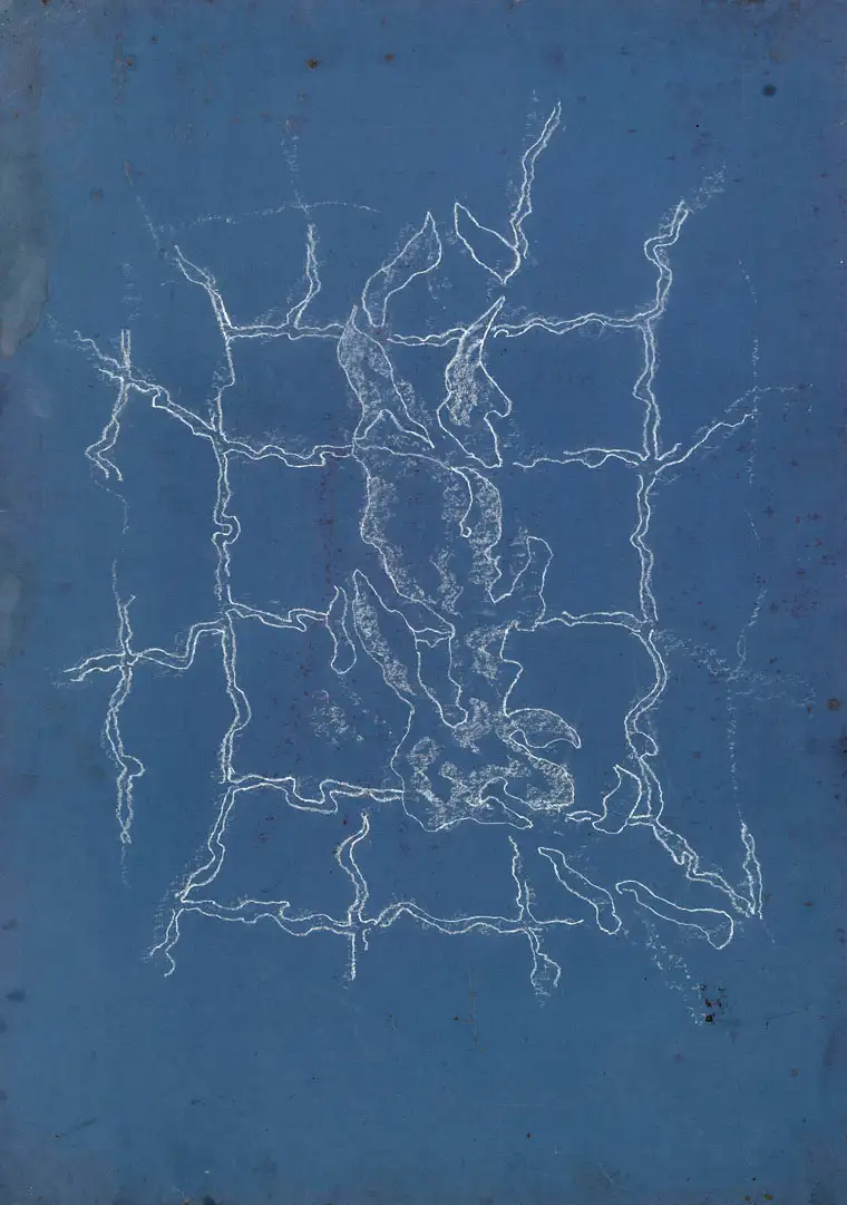 A drawing of a swimmer in chalk on blue card