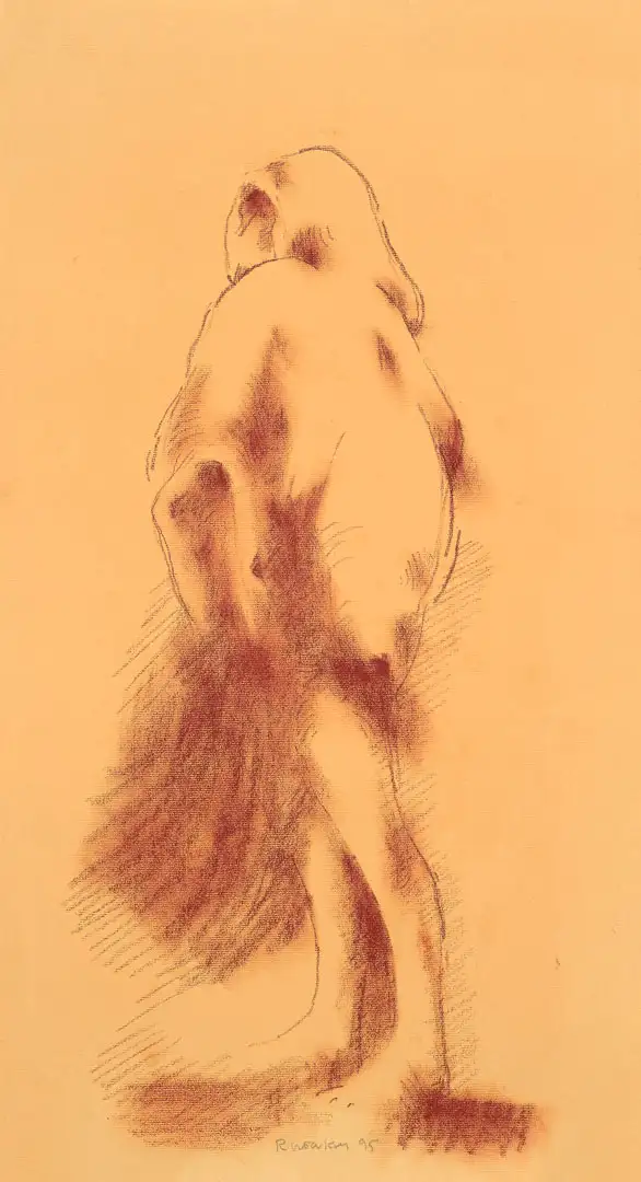 A red drawing of a standing figure in chalk on yellow paper