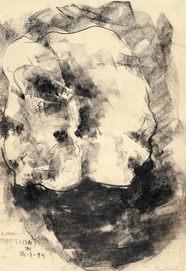 A drawing in black chalk on layout paper