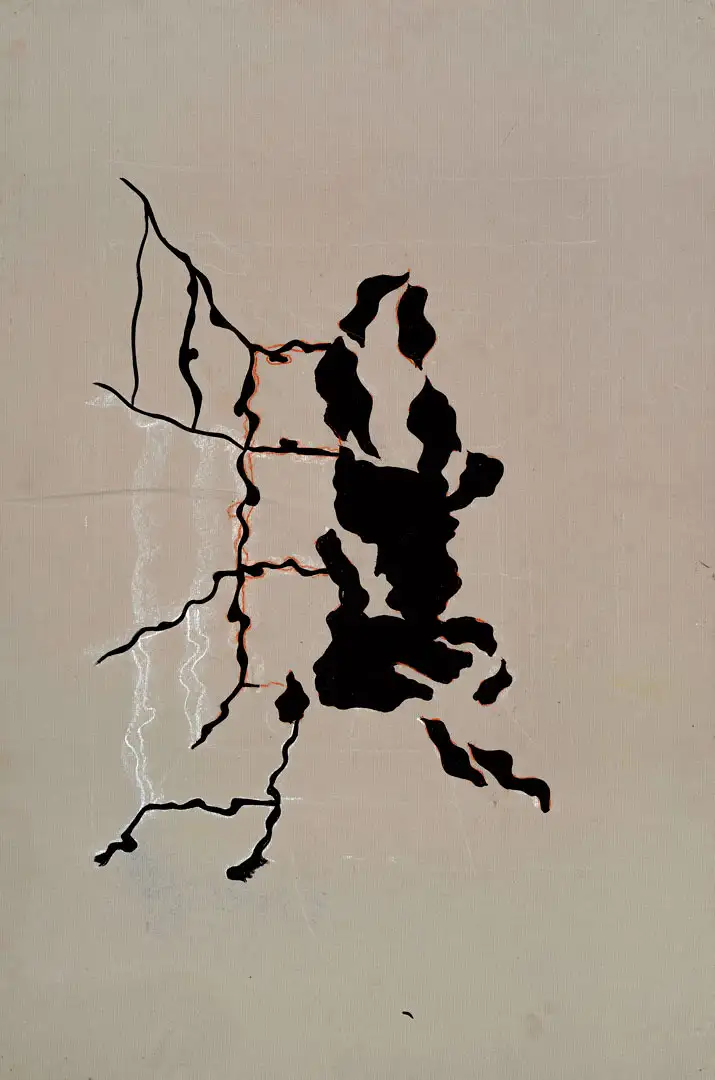 A drawing of a swimmer in black ink on card