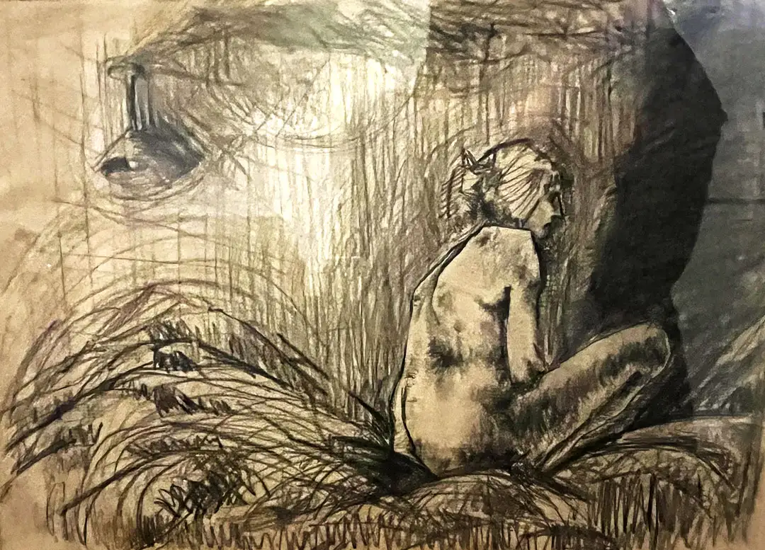 A pencil drawing of a seated figure cast into shadow by an unshaded lightbulb