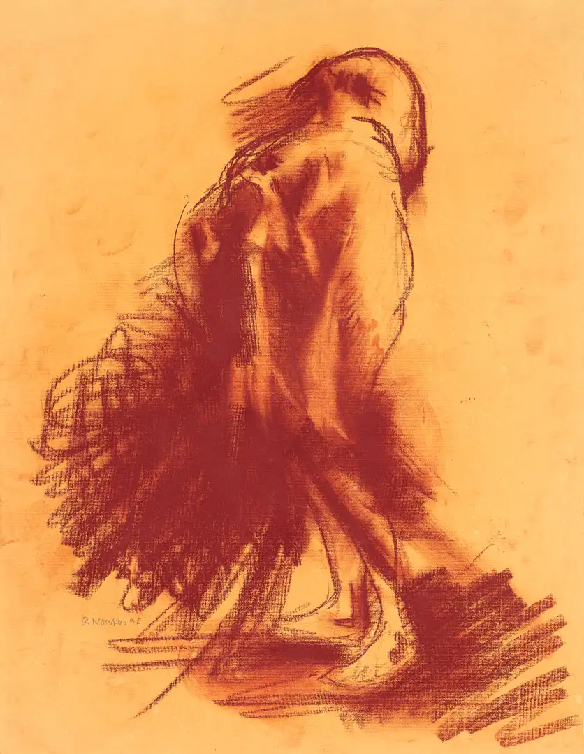 A walking figure drawn in red chalk on yellow paper