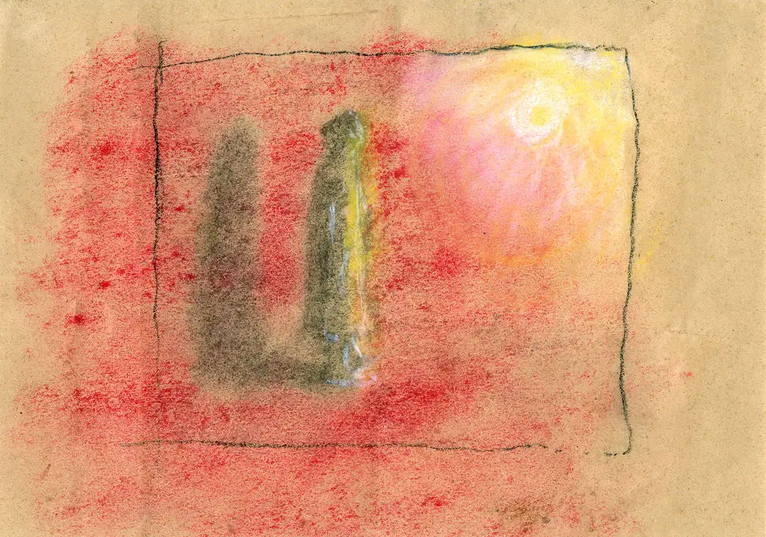 A vibrant red and yellow chalk drawing of a standing figure cast into shadow by an unshaded lightbulb