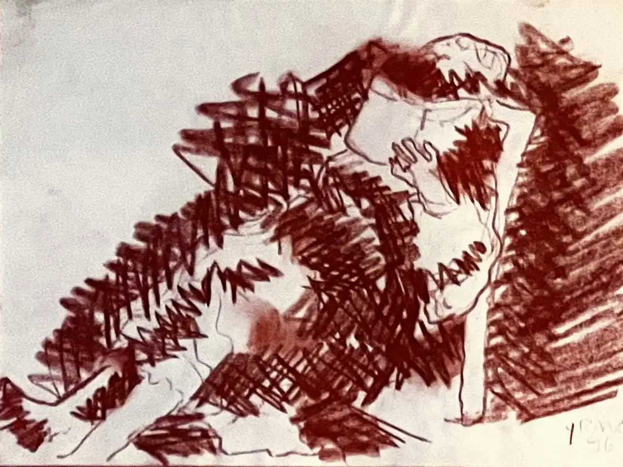 A sketch of a woman reading, red chalk on paper