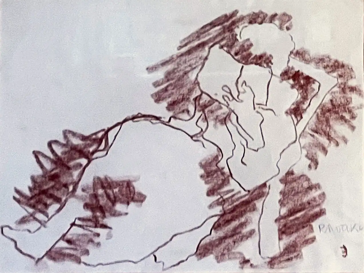 A sketch of a woman reading, red chalk on paper