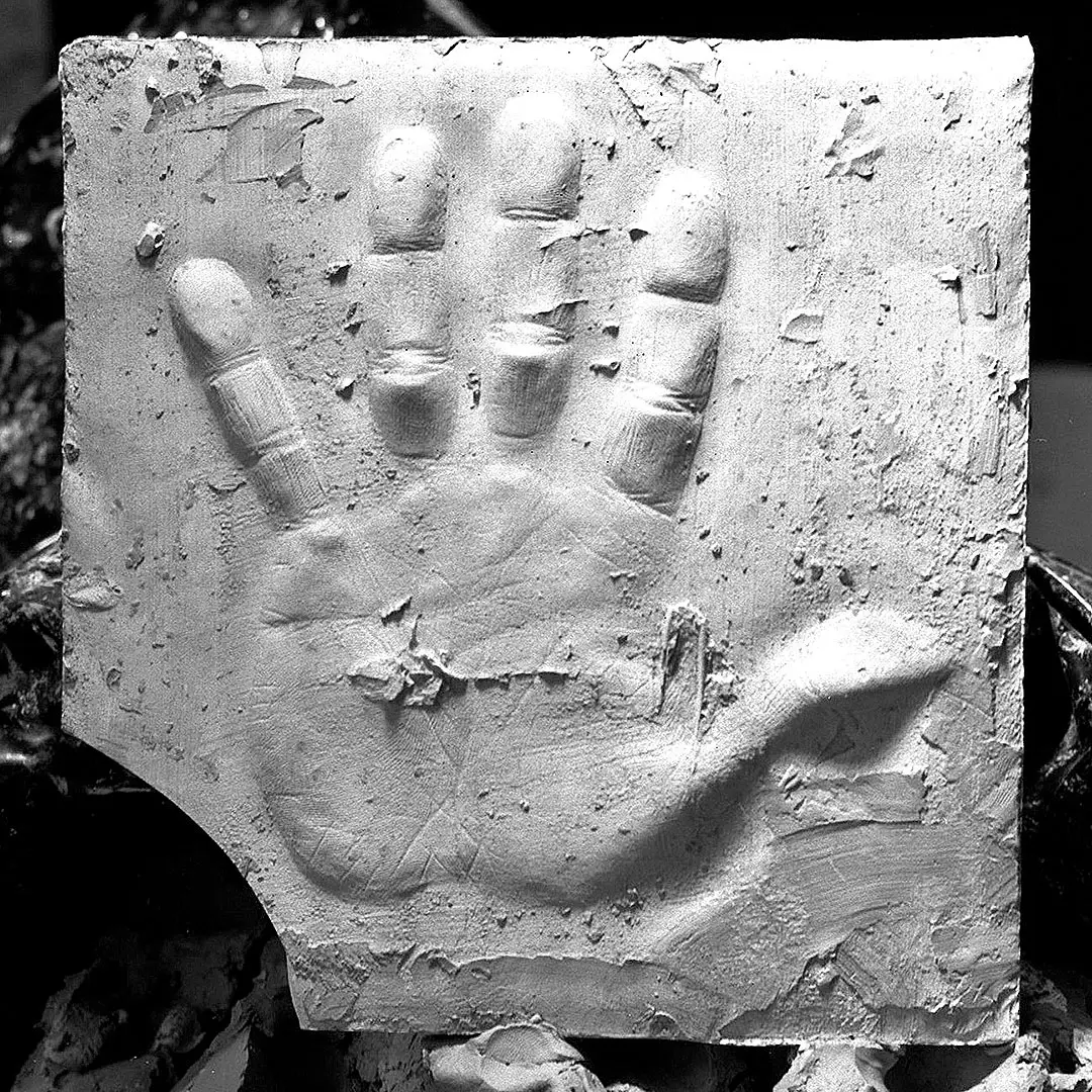 A low relief sculpture of a hand cast in plaster
